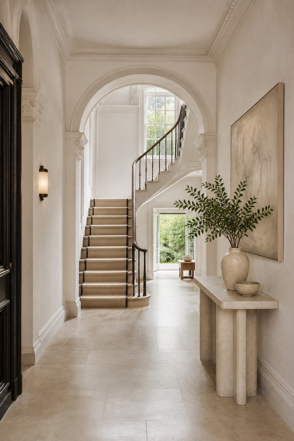 Warm plastered entrance hall in a London townhouse