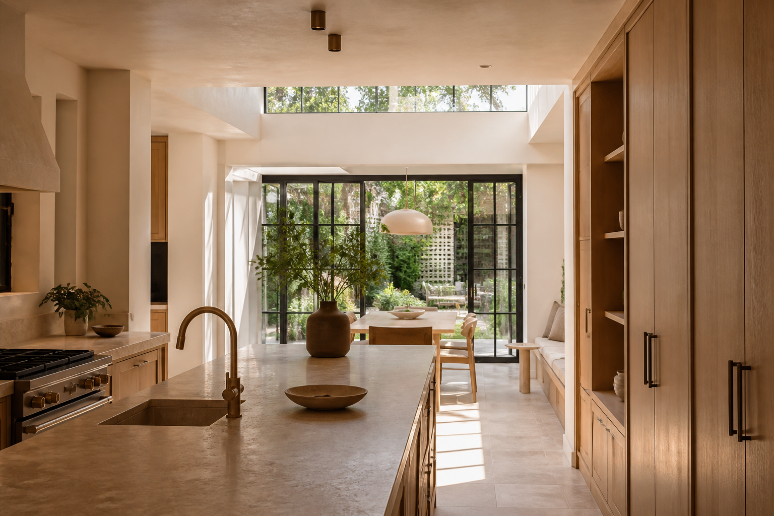 Warm London kitchen and rear extension with smooth plaster finish