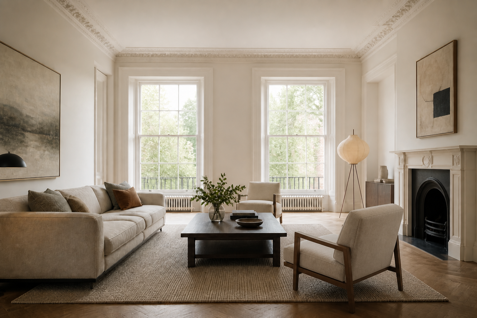 Refined London living room with smooth plaster walls