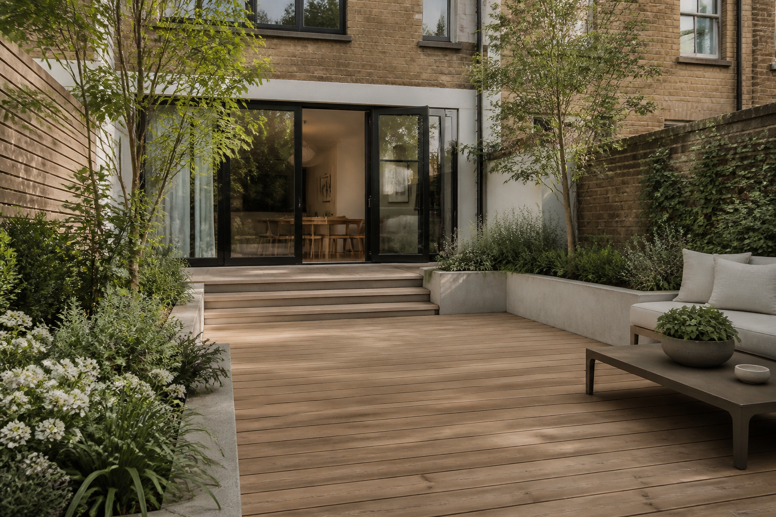 Natural timber decking in a landscaped London garden