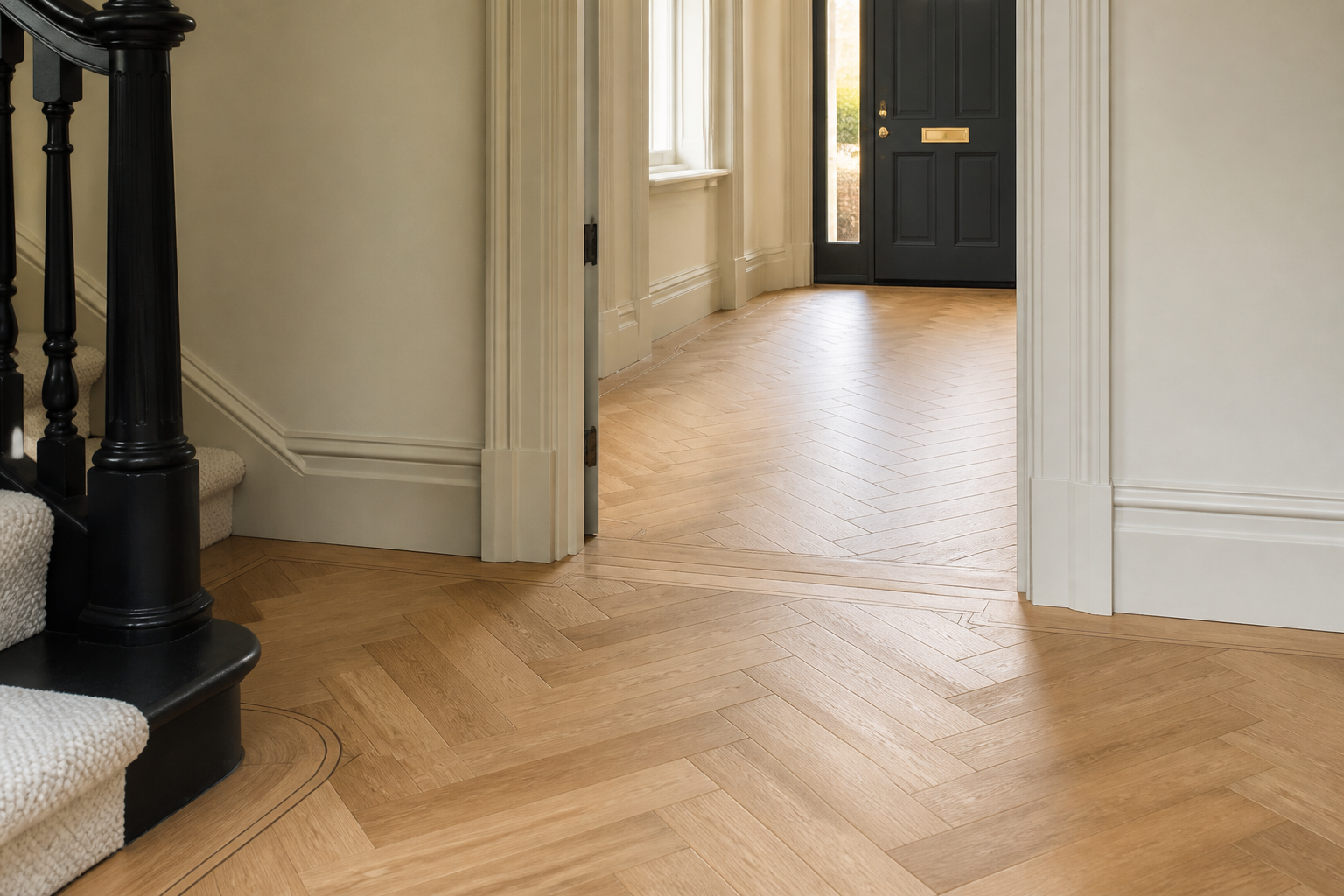 Precisely laid herringbone oak floor in a London entrance hall